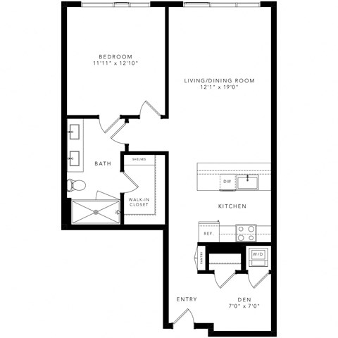 Floor plan for 1 bed, 1 bath, 865 sqft